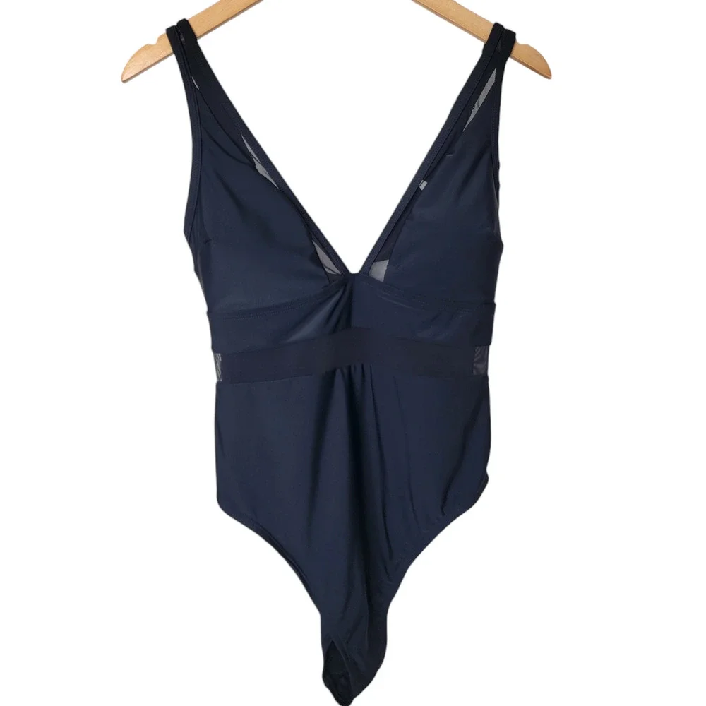 Cupshe Swimsuit V Neck Black 0X Mesh Sheer Panel Minimalist Plus One Piece